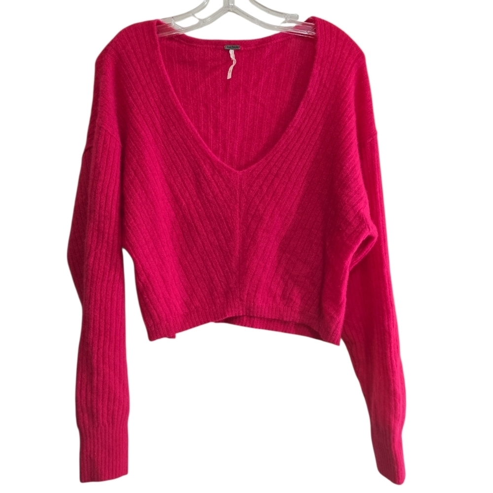 Free People Elias Cashmere Sweater in Hot Pink XS Soft Cozy V-neck - Picture 2 of 8
